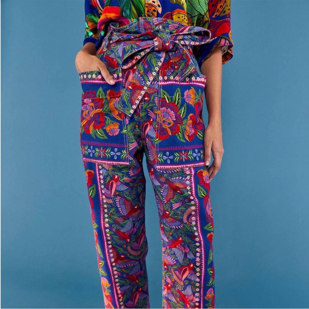 FARM Rio Macaw Print High Waist Belted Pants 100% Cotton Colorful Tropical Patte - Picture 2 of 16